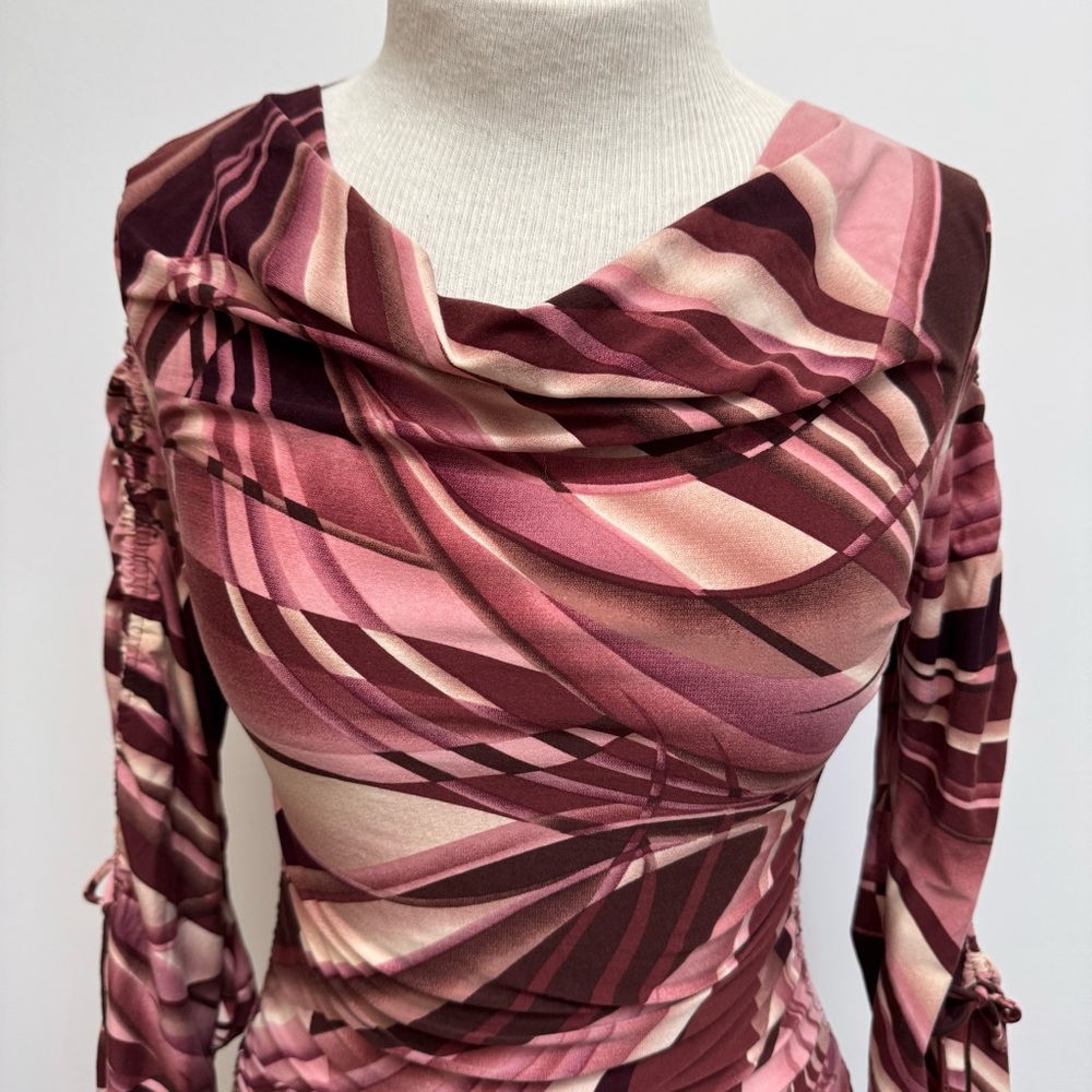 Classy- Vintage Pink and Burgundy Abstract Ruched Tie-Sleeve Blouse-Y2K - Picture 3 of 13